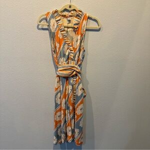 Sleeveless Floral Wrap Midi Dress in Orange and Light Blue